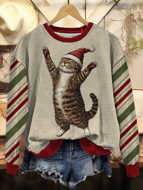 Christmas Cat Print Casual Cotton Sweatshirt