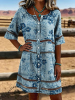 Vintage Floral Print Casual Hollow-Out Denim Dress