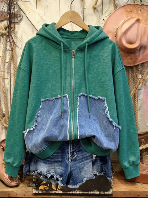 Retro Casual Cotton Patchwork Hooded Zip-up Sweatshirt