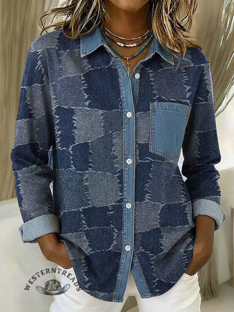 Women's Patchwork Print Patchwork Denim Casual Cotton Shirt
