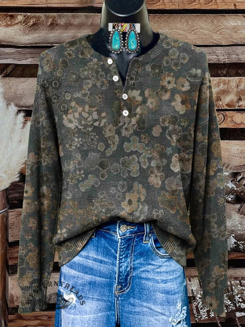 Floral Art Print Buttoned Cardigan Sweater