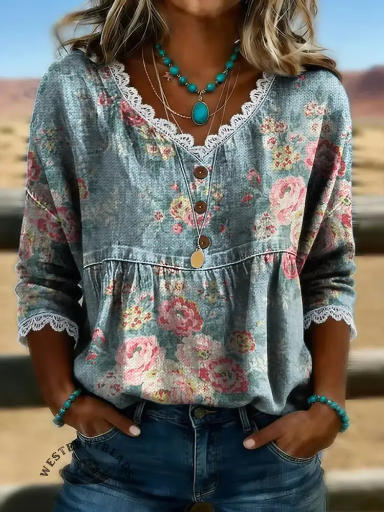 Women's Vintage Flower Print Casual Hollow-out Denim Shirt
