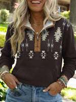 Aztec Print Casual Half-zip Cotton Sweatshirt