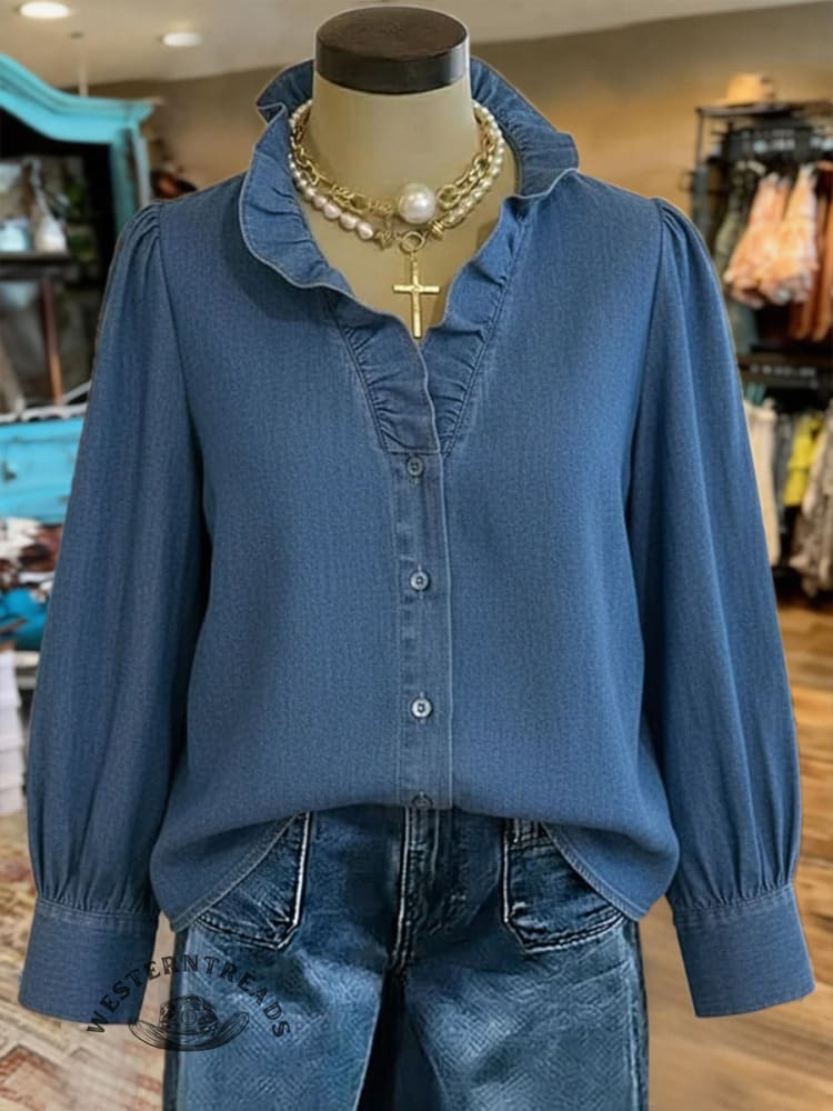 Women's Retro Print Casual Cotton And Linen Ruffle Shirt