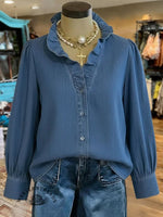 Women's Retro Print Casual Cotton And Linen Ruffle Shirt