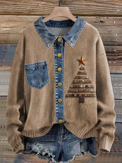 Retro Button Embroidered Visual Christmas Tree Print Patchwork Denim Knit Pullover Sweater
