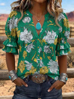Vintage Art Print Comfortable Summer Fabrics Puff Sleeve Casual Shirt