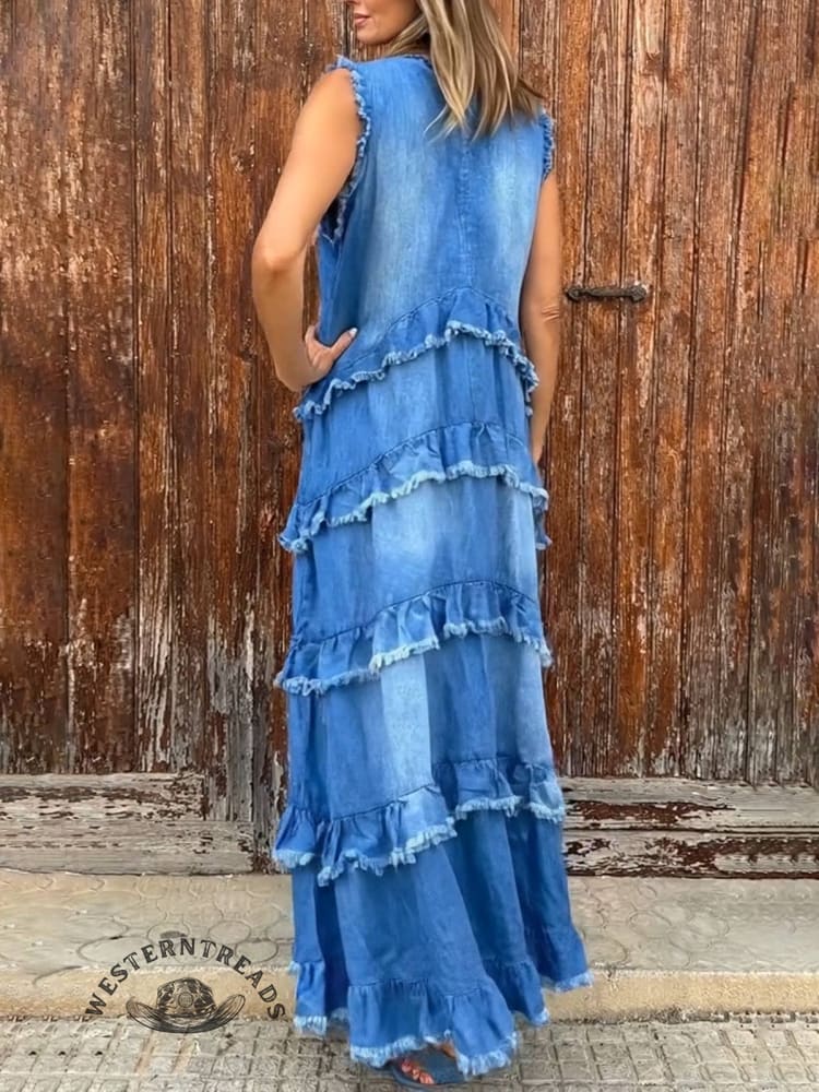 West Coast Boho Layered Denim Long Dress