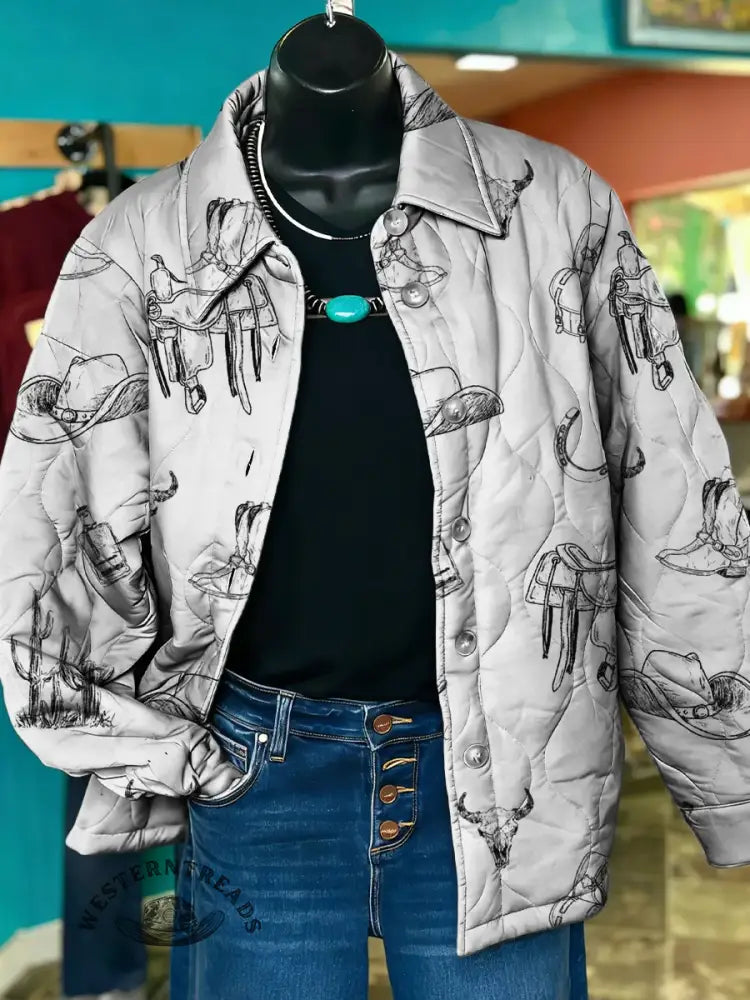 Women's Western Art Print Casual Quilted Jacket