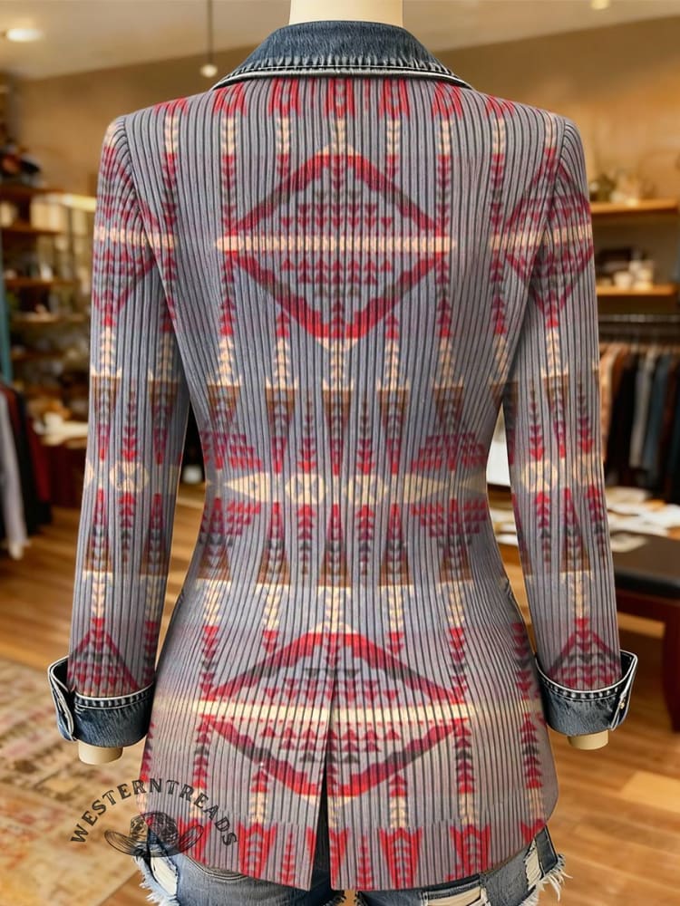 Aztec Print Patchwork Denim Sweater