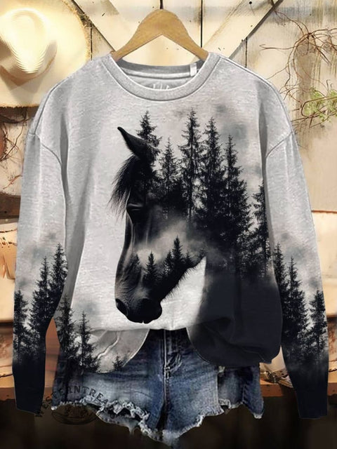 Horse Art Print Casual Cotton Sweatshirt