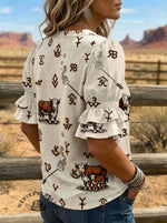 Women's Cow Brand Print Puff Sleeve Casual Shirt