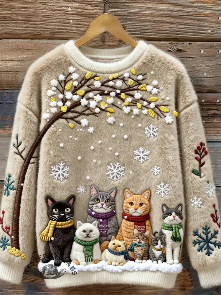 Women's Christmas Cats Embroidery Art Print Cozy Plush Sweater