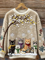Women's Christmas Cats Embroidery Art Print Cozy Plush Sweater