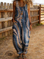 Women's Vintage Abstract Art Print Casual Denim Jumpsuit