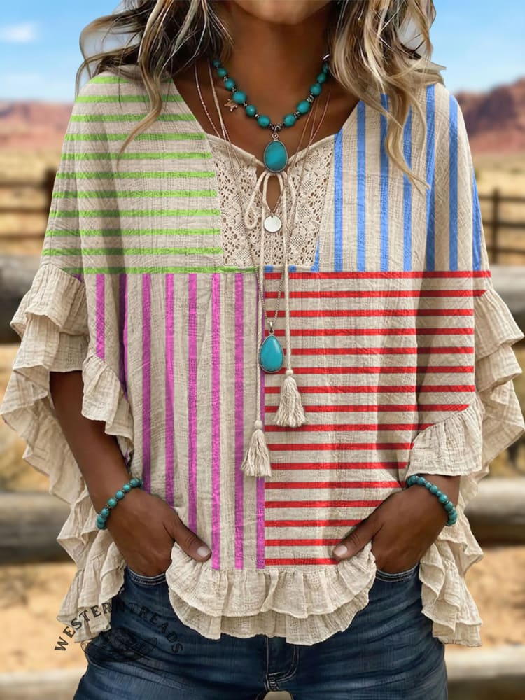 Vintage ArtPatchwork Hollow Design Cotton And Linen Shirt