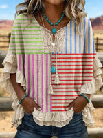 Vintage ArtPatchwork Hollow Design Cotton And Linen Shirt