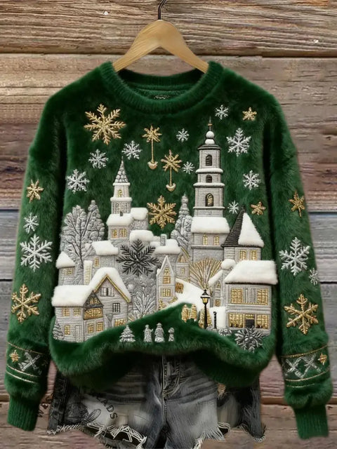 Christmas Snow Scene Embroidery Art Print Cozy Plush Sweater
