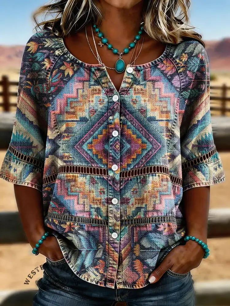 Women's Vintage Retro Carpet Pattern Casual Hollow-out Denim Shirt
