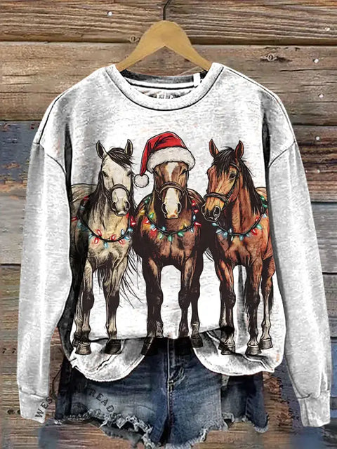 Retro Christmas Art Print Casual Cotton Sweatshirt