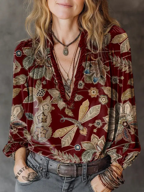 Women's retro flower Print Casual Cotton Shirt