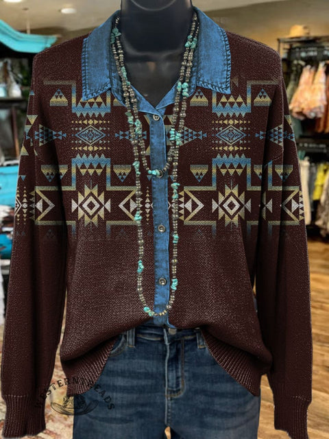 Denim Aztec Polo Collar Button Cardigan Sweater