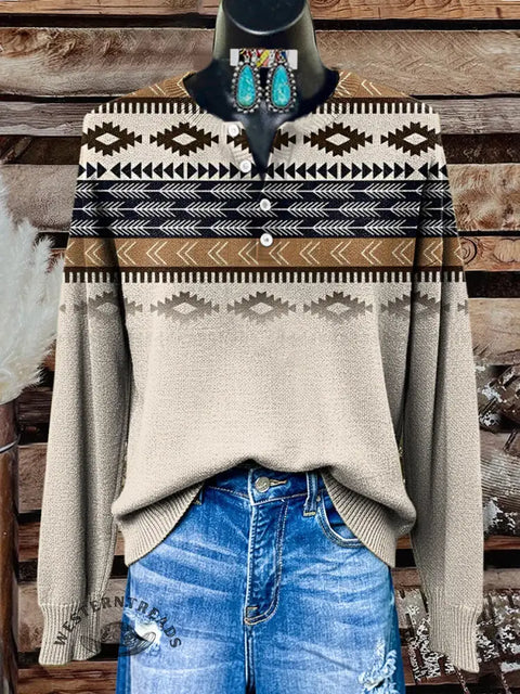 Retro Aztec Gradient Print Buttoned Cardigan Sweater