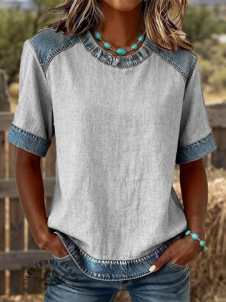 Vintage Western Flowers Art Print Soft Patchwork Denim Casual Shirt