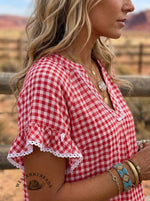 Retro Red Gingham V-Neck Ruffle Blouse