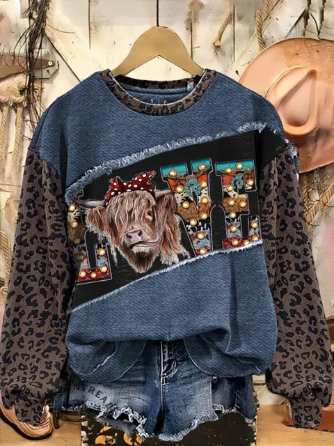 Retro Western Live Print Casual Cotton Leopard Print Sweatshirt