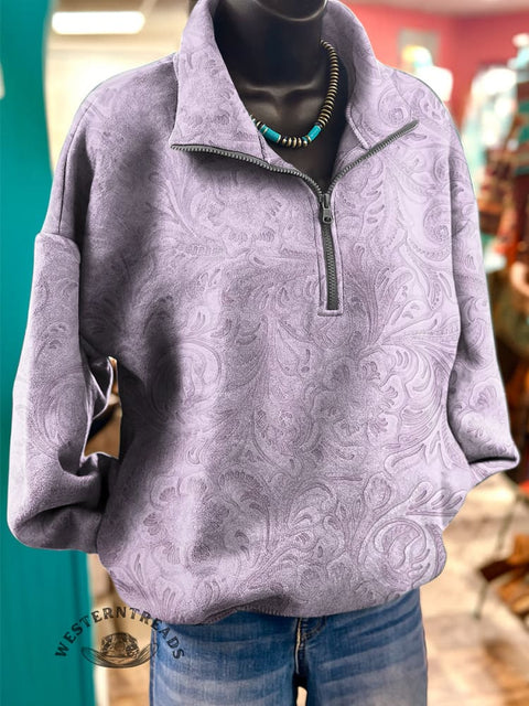 Floral Pattern Art Print Casual Long-Sleeve Zipper Pullover Sweatshirt