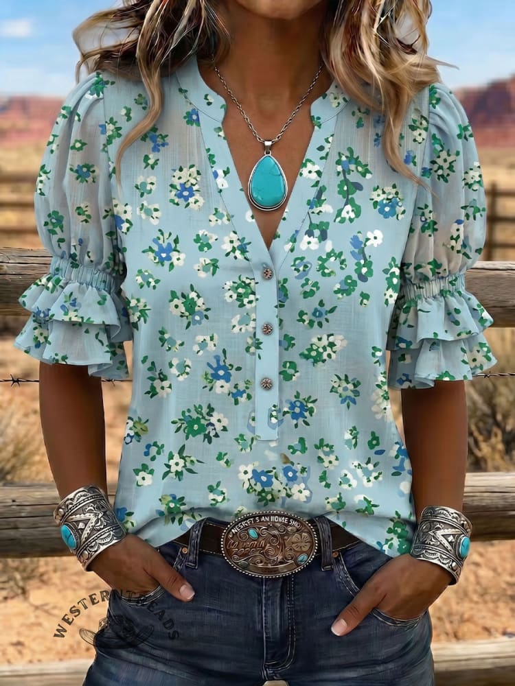 Vintage Art Print Comfortable Summer Fabrics Puff Sleeve Casual Shirt
