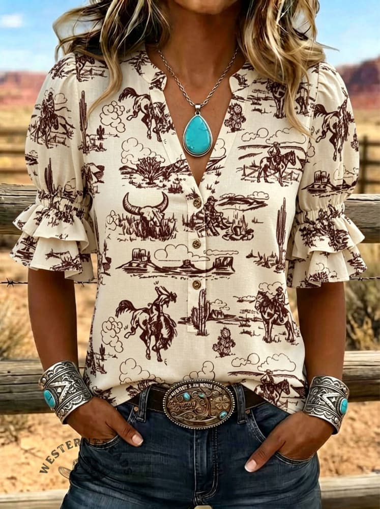 Women's Classic West Print Puff Sleeve Casual Shirt