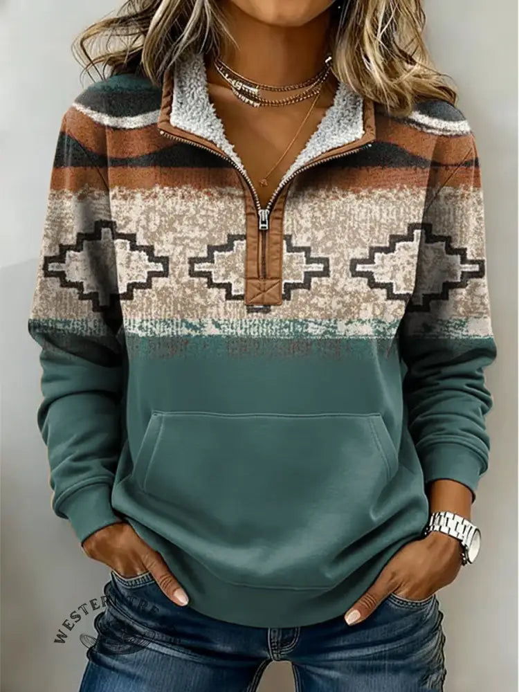Vintage Aztec Art Print Casual Half-zip Cotton Sweatshirt