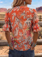 Vintage Art Print Comfortable Summer Fabrics Puff Sleeve Casual Shirt