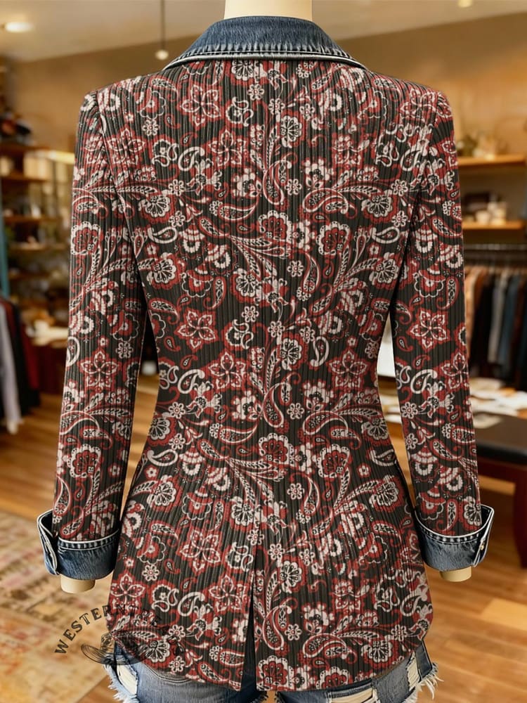 Paisley Print Patchwork Denim Coat