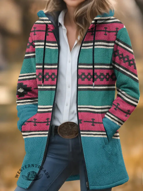 Aztec Print Unisex Plush Thick Long-Sleeved Cardigan Coat