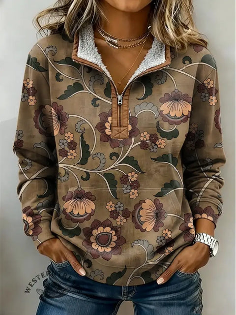 Casual Retro Floral Art Print Half-Zip Cotton Sweatshirt