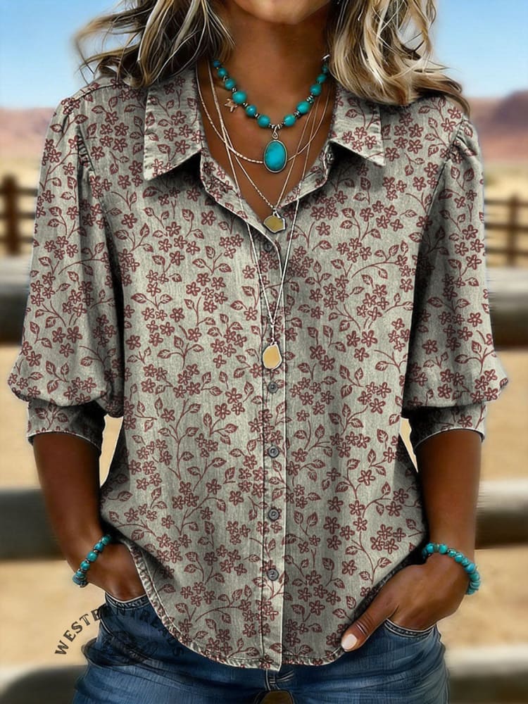 Vintage Floral Print Casual Puff Sleeve Denim Shirt