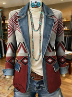 Retro Art Pattern Print Patchwork Denim Sweater Cardigan Coat