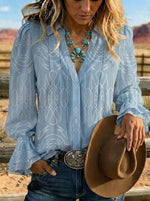 Women's Retro Cowboy Art Ruffles Sleeve Casual Shirt