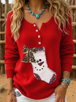 Vintage Western Print Christmas Henley Neck Sweater Top