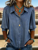 Women's Casual Puff Sleeve Denim Shirt