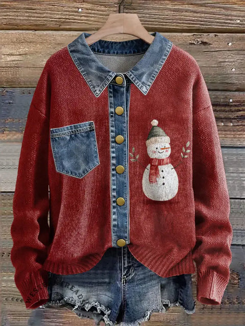 Snowman Print Patchwork Denim Knit Pullover Sweater