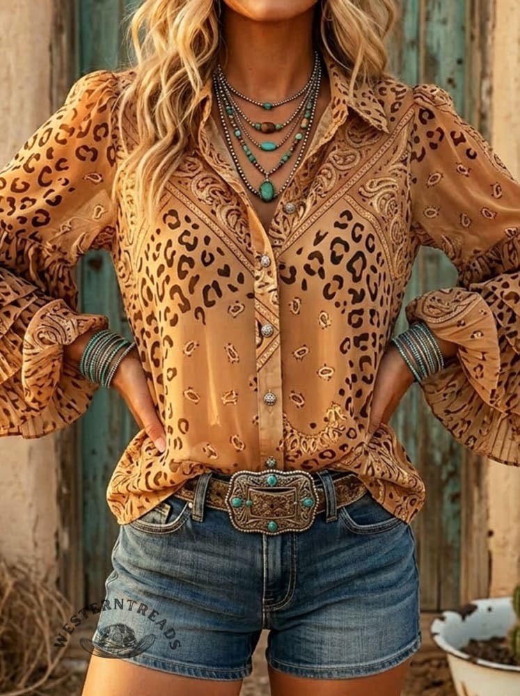 Women's Wild West Leopard Print Casual Ruffle Shirt