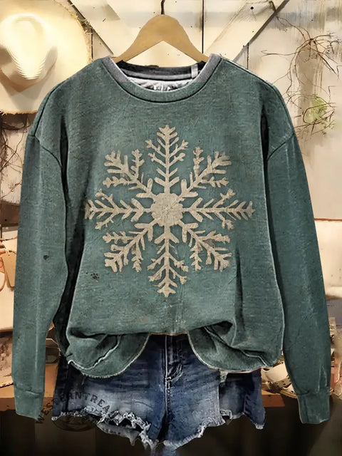 Retro Snow Art Print Casual Cotton Sweatshirt