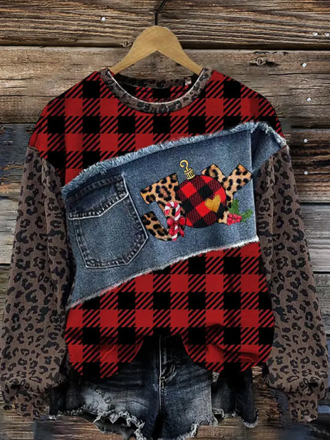 Christmas Joy Leopard Print Denim Patchwork Casual Cotton Sweatshirt