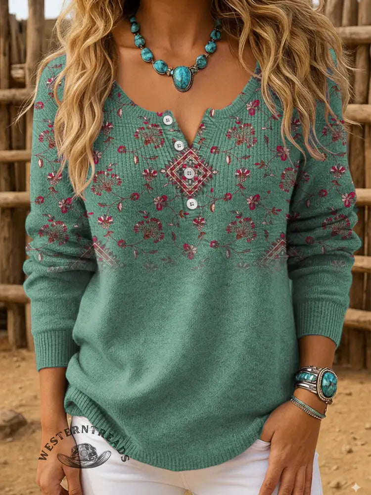 Women's Vintage Aztec Print Henley Neck Sweater Top