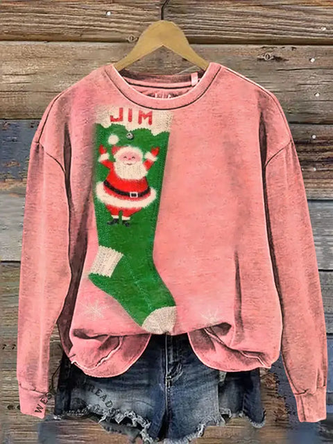 Christmas Stocking And Santa Claus Print Casual Cotton Sweatshirt