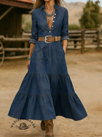 Retro Women's Long Ruffle Denim Dress